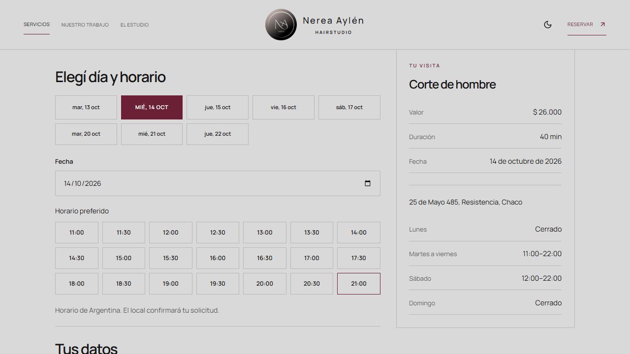 Pantalla real de Nerea: elección de fecha y horario, servicio y resumen de la visita.